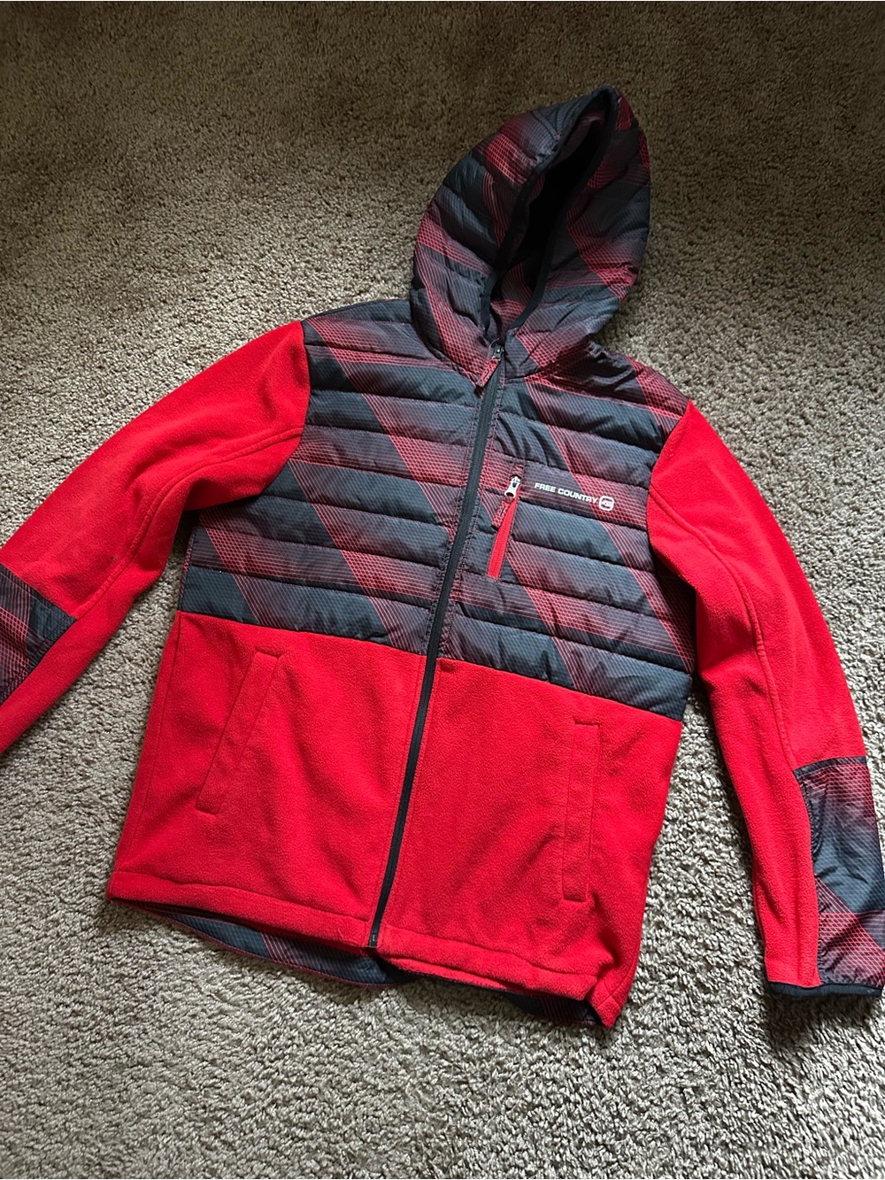 Free Country Kids Red and Gray Hooded Hybrid Puffer Jacket